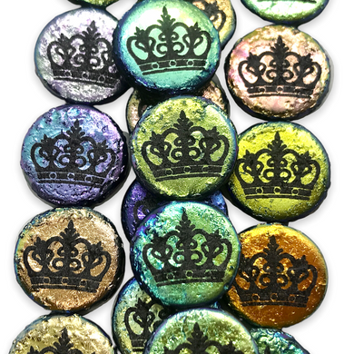 Czech glass laser tattoo royal crown coin beads 8pc etched jet black AB 14mm #2-Orange Grove Beads