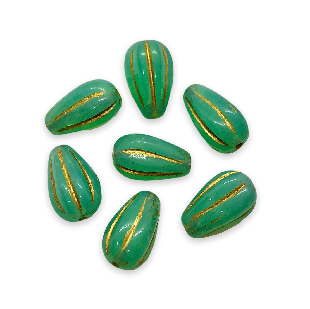 Czech glass melon drop beads 10pc turquoise gold 13x8mm UV glow #2-Orange Grove Beads
