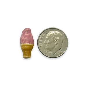 Tiny strawberry ice cream cone beads Peruvian ceramic 4pc 17x8mm