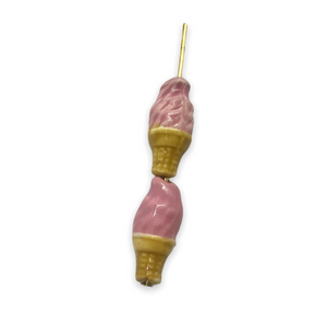 Tiny strawberry ice cream cone beads Peruvian ceramic 4pc 17x8mm
