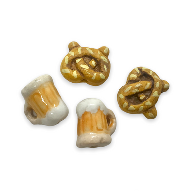 Peruvian ceramic Oktoberfest tiny pretzel beer beads charms 4pc vertical drill-Orange Grove Beads