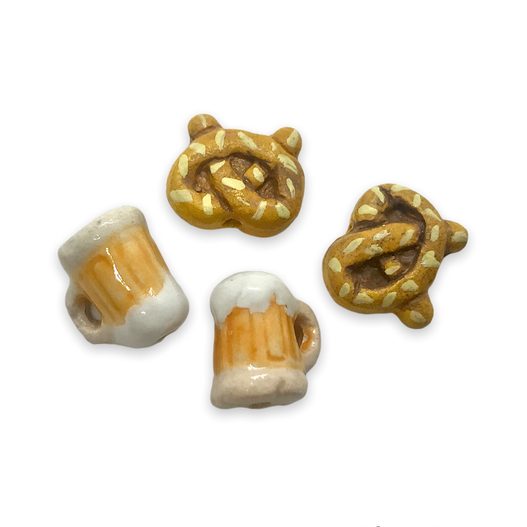 Peruvian ceramic Oktoberfest tiny pretzel beer beads charms 4pc vertical drill-Orange Grove Beads