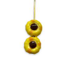 Load image into Gallery viewer, Tiny sunflower beads Peruvian ceramic 4pc yellow brown 9mm
