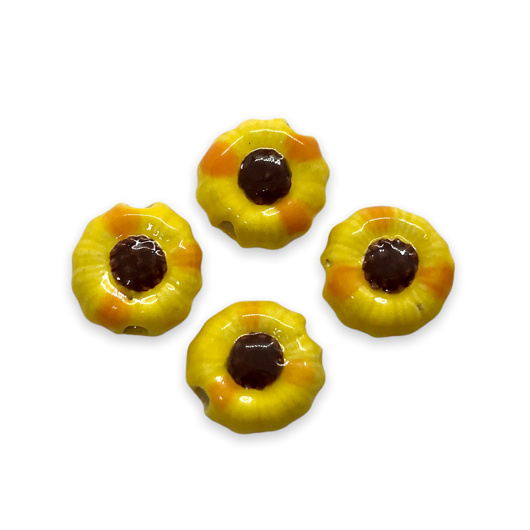 Hand painted ceramic tiny sunflower beads 4pc yellow brown 9mm-Orange Grove Beads