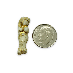 Czech glass mermaid beads 4pc beige gold inlay 25mm