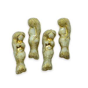 Czech glass mermaid beads charms 4pc beige gold inlay 25mm-Orange Grove Beads