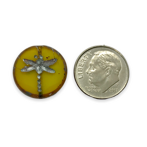 Czech glass tablecut dragonfly coin beads opaline yellow picasso 17mm