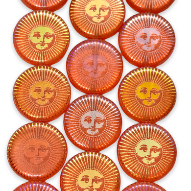Czech glass laser tattoo sun coin beads 8pc orange AB 14mm #2-Orange Grove Beads