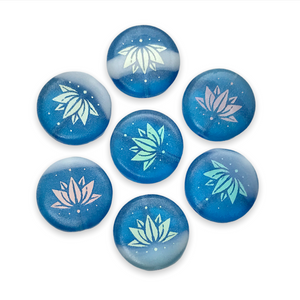 Czech glass laser tattoo lotus flower coin beads 8pc blue white AB 14mm