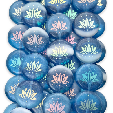 Czech glass laser tattoo lotus flower coin beads 8pc blue white AB 14mm-Orange Grove Beads