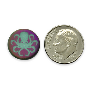 Czech glass laser tattoo octopus coin beads 8pc matte turquoise sliperit 14mm