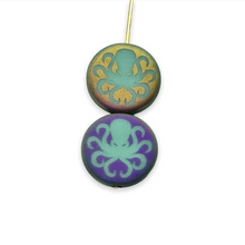 Load image into Gallery viewer, Czech glass laser tattoo octopus coin beads 8pc matte turquoise sliperit 14mm
