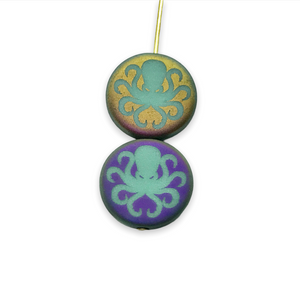 Czech glass laser tattoo octopus coin beads 8pc matte turquoise sliperit 14mm
