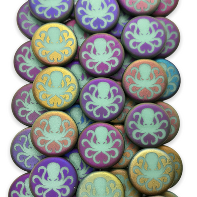 Czech glass laser tattoo octopus coin beads 8pc matte turquoise sliperit 14mm-Orange Grove Beads