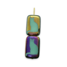 Load image into Gallery viewer, Czech glass rectangle laser tattoo cat beads 6pc turquoise sliperit 18x12mm
