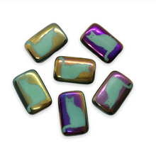 Load image into Gallery viewer, Czech glass rectangle laser tattoo cat beads 6pc turquoise sliperit 18x12mm
