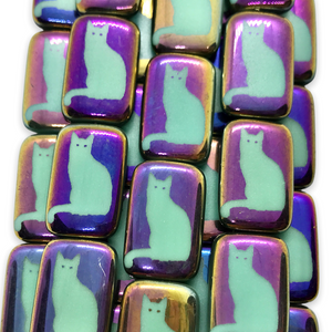 Czech glass rectangle laser tattoo cat beads 6pc turquoise sliperit 18x12mm-Orange Grove Beads