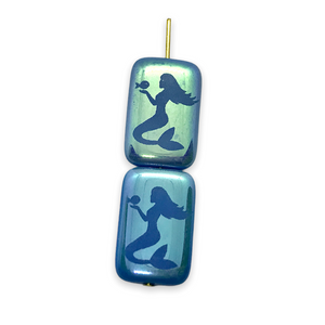 Czech glass laser tattoo mermaid rectangle beads 6pc periwinkle blue AB 18x12mm