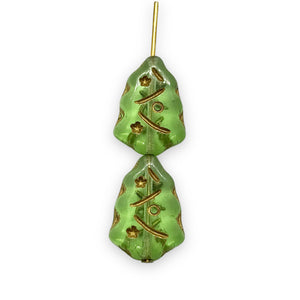 Czech glass Christmas tree beads 10pc translucent green gold #4