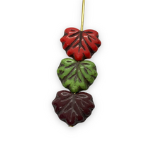 Load image into Gallery viewer, Czech glass maple leaf beads Fall color mix red yellow green 12pc 13x11mm
