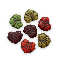 Load image into Gallery viewer, Czech glass maple leaf beads Fall color mix red yellow green 12pc 13x11mm-Orange Grove Beads
