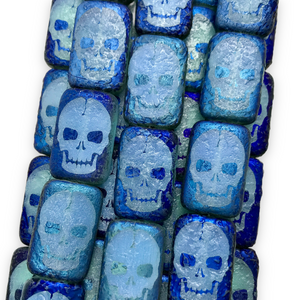 Czech glass laser tattoo skull rectangle beads 6pc etched blue azuro 18x12mm