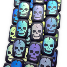 Load image into Gallery viewer, Czech glass rectangle laser tattoo skull beads 6pc matte black AB 19x13mm
