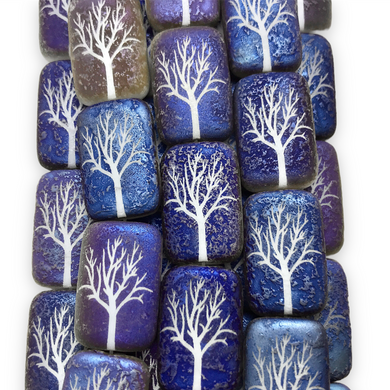 Czech glass rectangle laser tattoo winter tree beads 6pc etched white blue azuro 18x12mm-Orange Grove Beads
