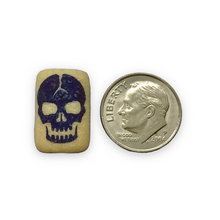 Load image into Gallery viewer, Czech glass laser tattoo skull rectangle beads 6pc etched beige iris 18x12mm
