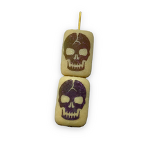 Load image into Gallery viewer, Czech glass laser tattoo skull rectangle beads 6pc etched beige iris 18x12mm
