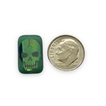 Load image into Gallery viewer, Czech glass laser tattoo skull rectangle beads 6pc emerald green iris 18x12mm
