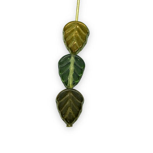 Czech glass leaf beads 25pc translucent olivine green bronze 11x8mm