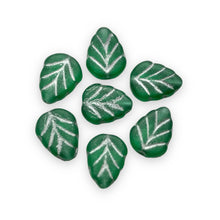 Load image into Gallery viewer, Czech glass leaf beads 25pc frosted emerald green silver 11x8mm

