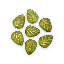 Load image into Gallery viewer, Czech glass leaf beads 25pc frosted olivine green gold 11x8mm
