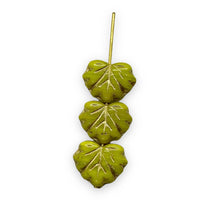 Load image into Gallery viewer, Czech glass maple leaf beads 12pc opaque green olivine gold 13x11mm
