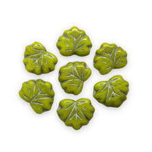 Load image into Gallery viewer, Czech glass maple leaf beads 12pc opaque green olivine silver 13x11mm
