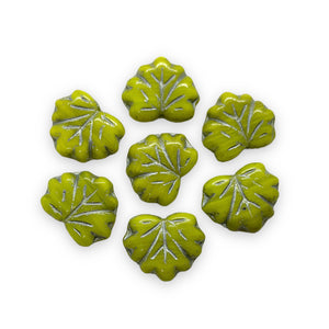 Czech glass maple leaf beads 12pc opaque green olivine silver 13x11mm