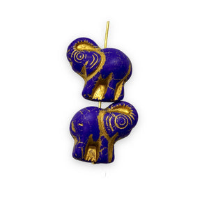 Czech glass elephant beads 4pc blue gold 20mm