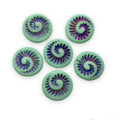 Czech glass spiral fossil seashell shell coin beads 6pc matte turquoise sliperit 19mm-Orange Grove Beads