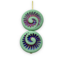 Load image into Gallery viewer, Czech glass ammonite fossil seashell shell coin beads 6pc matte turquoise sliperit 19mm
