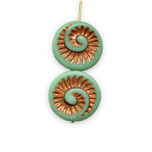 Czech glass nautilus fossil seashell shell coin beads 6pc turquoise copper 19mm