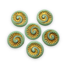 Load image into Gallery viewer, Czech glass nautilus fossil seashell shell coin beads 6pc turquoise gold 19mm
