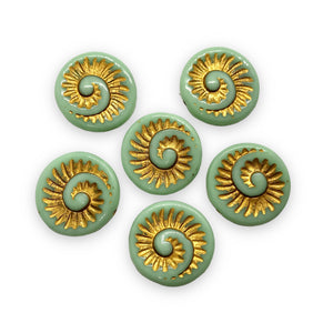 Czech glass nautilus fossil seashell shell coin beads 6pc turquoise gold 19mm