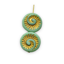 Load image into Gallery viewer, Czech glass nautilus fossil seashell shell coin beads 6pc turquoise gold 19mm
