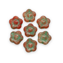 Load image into Gallery viewer, Czech glass hibiscus flower beads 12pc crystal red green 10mm
