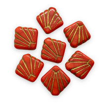 Load image into Gallery viewer, Czech glass Art Deco Diamond Fan Beads 10pc coral red gold 17mm
