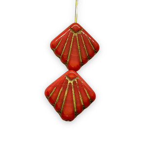 Czech glass Art Deco Diamond Fan Beads 10pc coral red gold 17mm