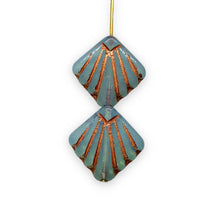 Load image into Gallery viewer, Czech glass Art Deco Diamond Fan Beads 10pc opaline blue copper 17mm

