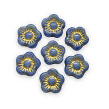 Load image into Gallery viewer, Czech glass hibiscus flower beads 12pc opaque blue gold 10mm
