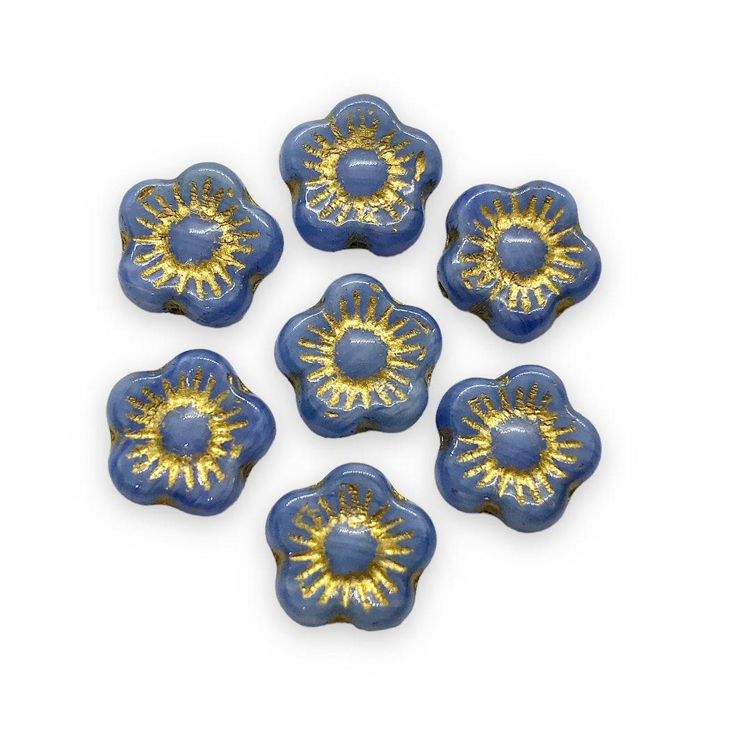 Czech glass hibiscus flower beads 12pc opaque blue gold 10mm
